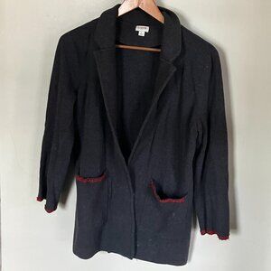 J. Crew Open Front Sweater Knit Blazer Charcoal Grey Size L with Red Embroidery